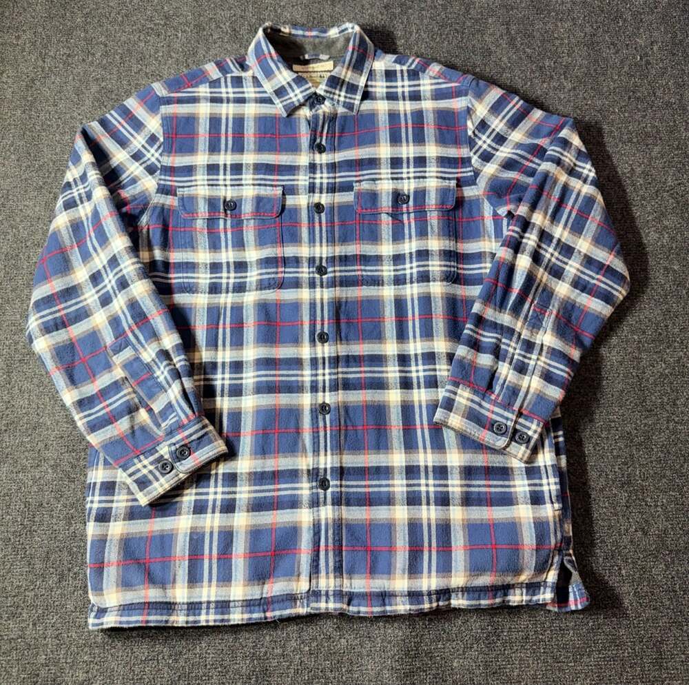 LL Bean Mens Blue Plaid Fleece Lined Flannel Button Up Long Sleeve Shirt Sz Med
